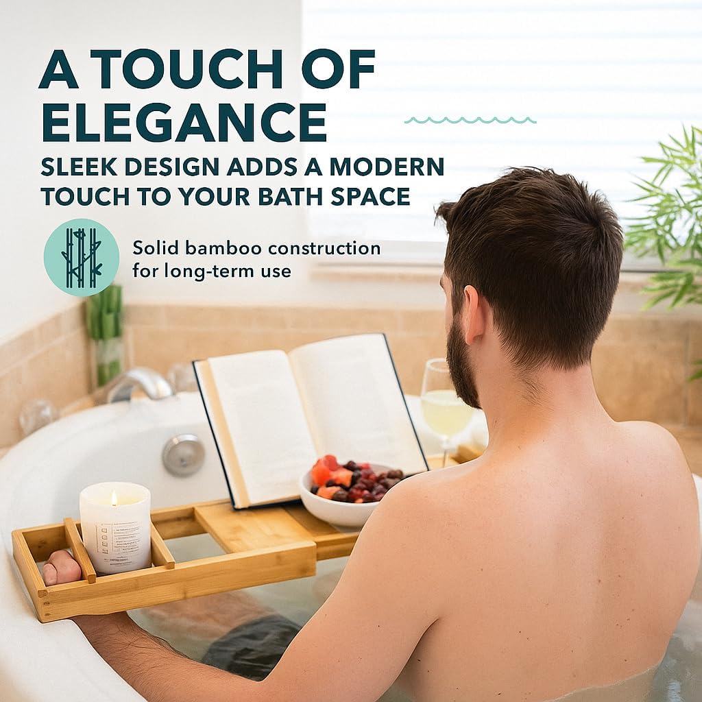 Serenluxe™ Foldable Bamboo Bath Caddy Tray — Expandable & Adjustable Bathtub Rack 5