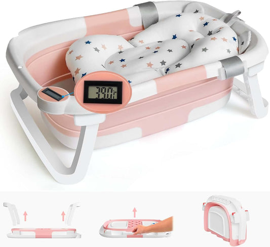 Baby Bath Tub Foldable Bathtub, Newborn Baby Plastic Bathtub with Cushion pad Foldable Anti-Slip Legs Collapsible tub for Toddler Baby Kids Bathing - Childrens Travel Shower Bath Tubs | Pink