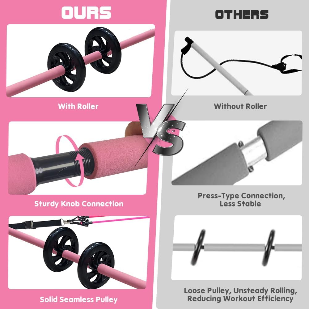 Pilates Bar Kit with 180LBS Resistance Bands(20,30,40 LB),21PCS Pilates Equipment Exercise Bar with Ab Roller, Portable Home Gym Fitness Pilates Bar for Women & Men