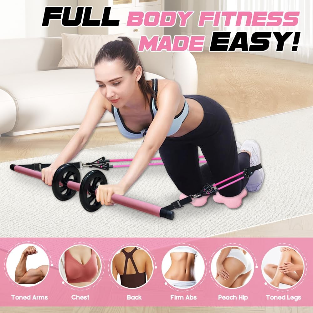 Pilates Bar Kit with 180LBS Resistance Bands(20,30,40 LB),21PCS Pilates Equipment Exercise Bar with Ab Roller, Portable Home Gym Fitness Pilates Bar for Women & Men