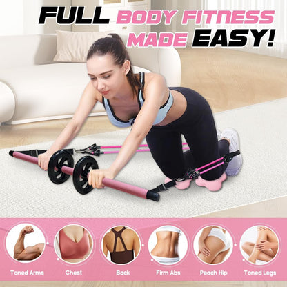 Pilates Bar Kit with 180LBS Resistance Bands(20,30,40 LB),21PCS Pilates Equipment Exercise Bar with Ab Roller, Portable Home Gym Fitness Pilates Bar for Women & Men