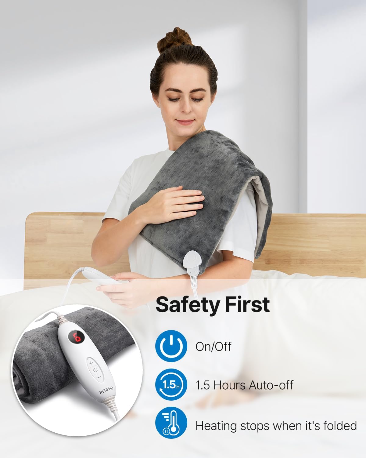 RENPHO Heating Pad, Electric Heat Pad for Back Pain and Cramps Relief, Mothers Day Gift, Birthday Gifts for Women Men, Fast Heated, Auto Shut Off, Machine Washable, Ultra-Soft 61x31cm Gray