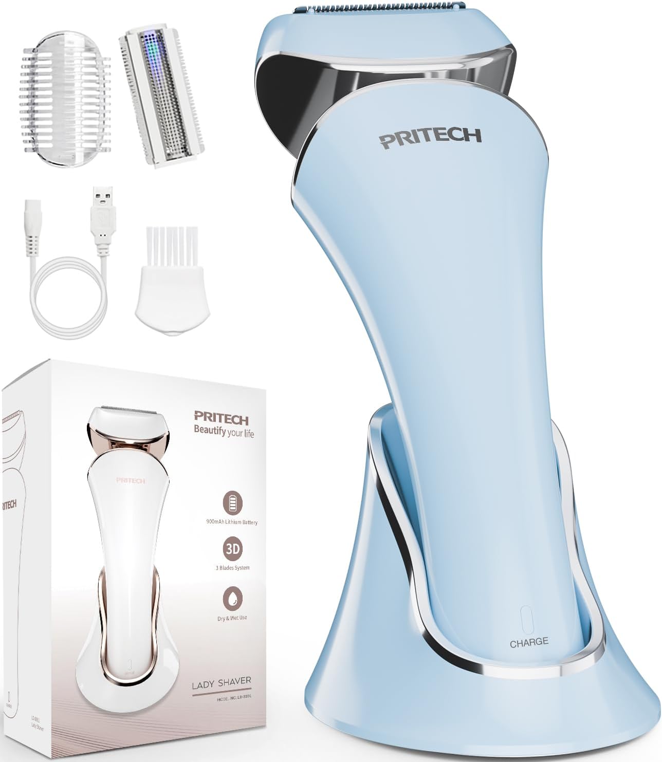 Women,Ladies Shaver,Lady Razor for Legs,Arm,Underarm,Bikini,USB Rechargeable Razor Wet&Dry Cordless for Woman by PRITECH