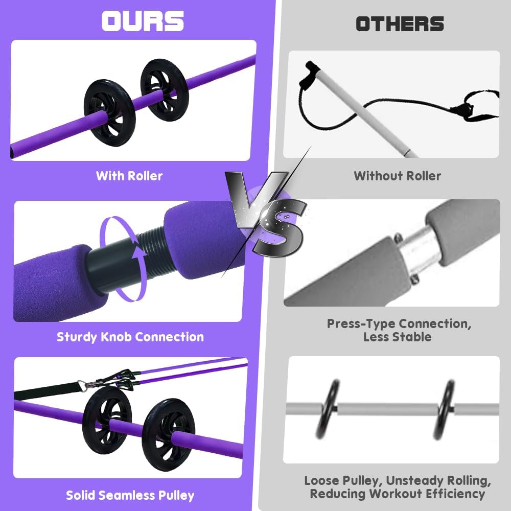 Pilates Bar Kit with 180LBS Resistance Bands(20,30,40 LB),21PCS Pilates Equipment Exercise Bar with Ab Roller, Portable Home Gym Fitness Pilates Bar for Women & Men