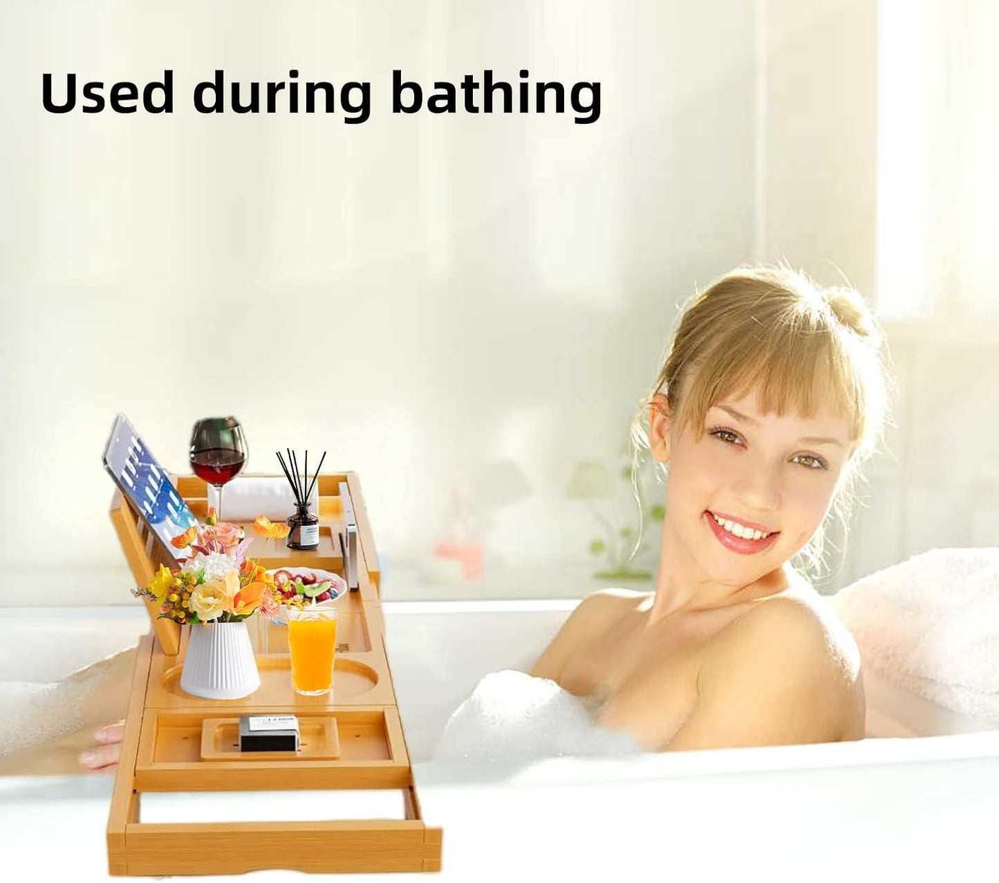 BathNook™ Bamboo Bath Reading Tray — Expandable Bathtub Caddy with Book, Tablet & Wine Holder 5