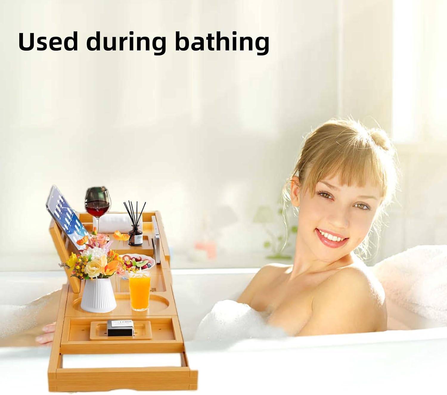 BathNook™ Bamboo Bath Reading Tray — Expandable Bathtub Caddy with Book, Tablet & Wine Holder 5