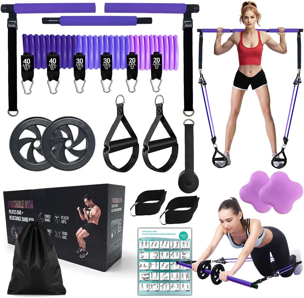 Pilates Bar Kit with 180LBS Resistance Bands(20,30,40 LB),21PCS Pilates Equipment Exercise Bar with Ab Roller, Portable Home Gym Fitness Pilates Bar for Women & Men