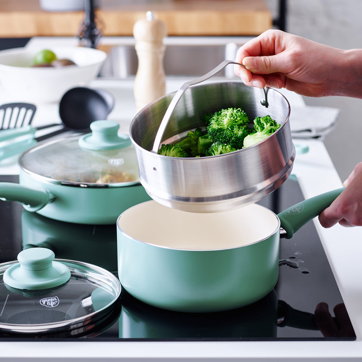 GreenLife Soft Grip 12-piece ceramic cookware set in turquoise — image 5