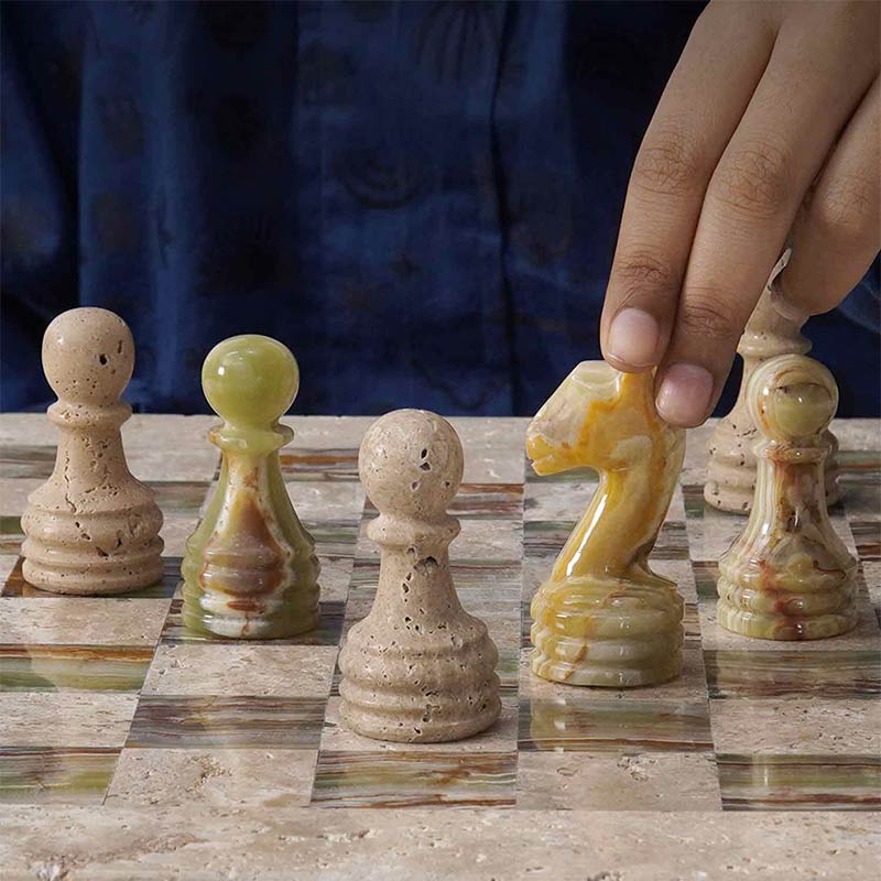 Marble Chess Set 38cm – Green & Travertine
