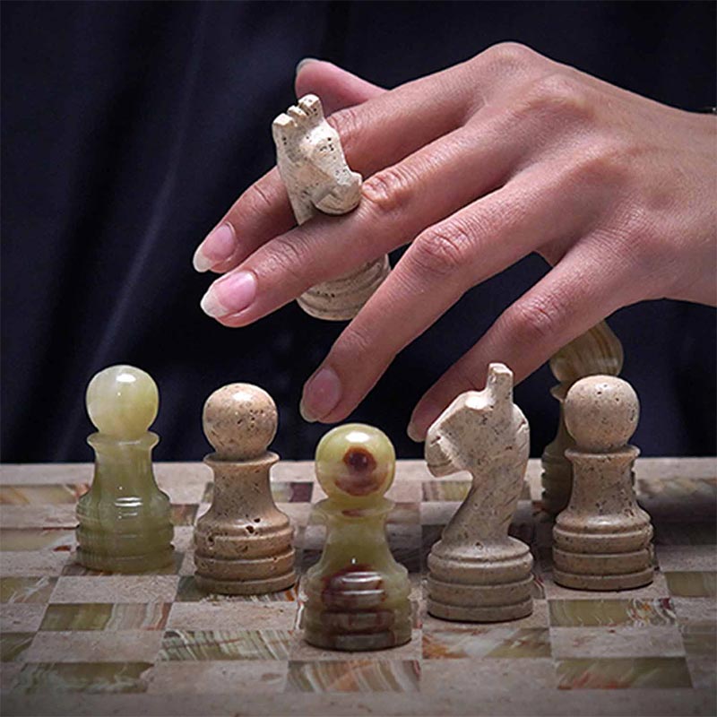 Marble Chess Set 30cm – Green & Travertine