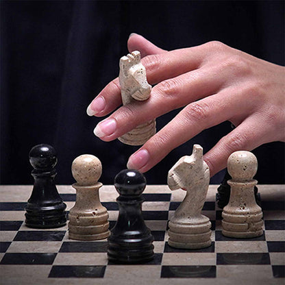 Marble Chess Set 30cm – Black & Travertine