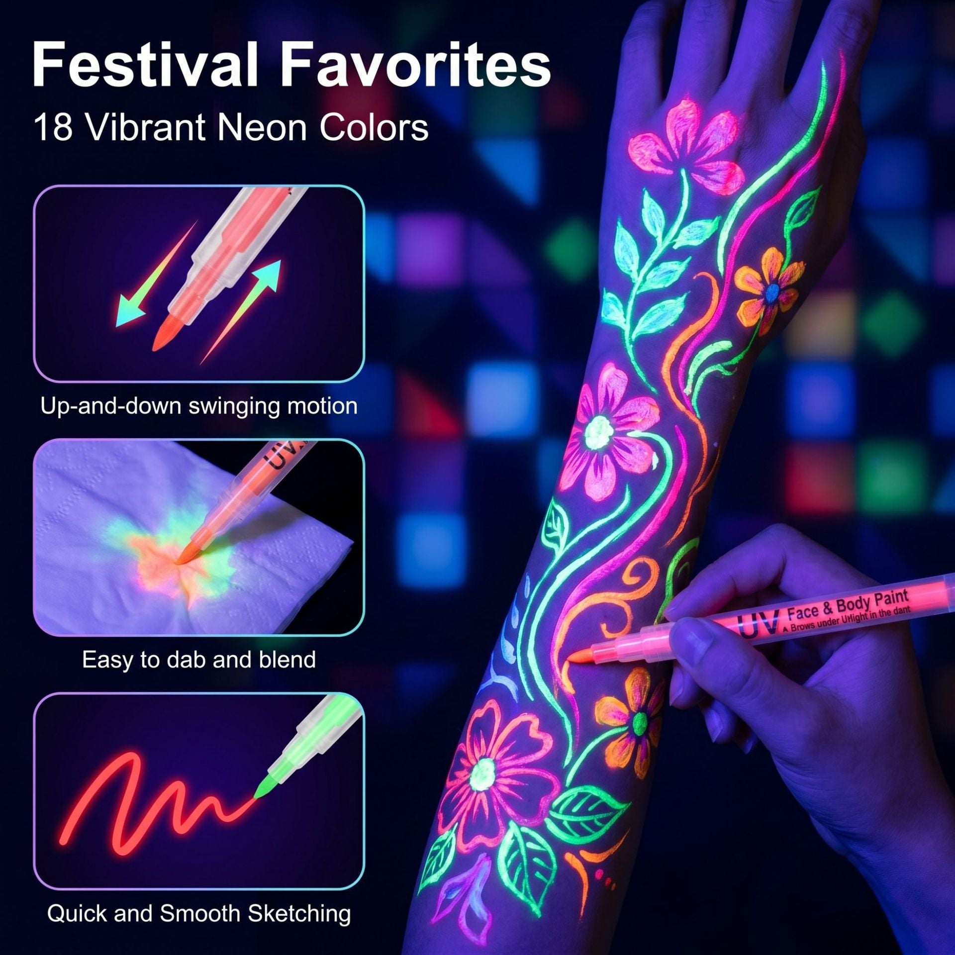 UV Glow Face & Body Paint Markers Set — Halloween Party Kit 12