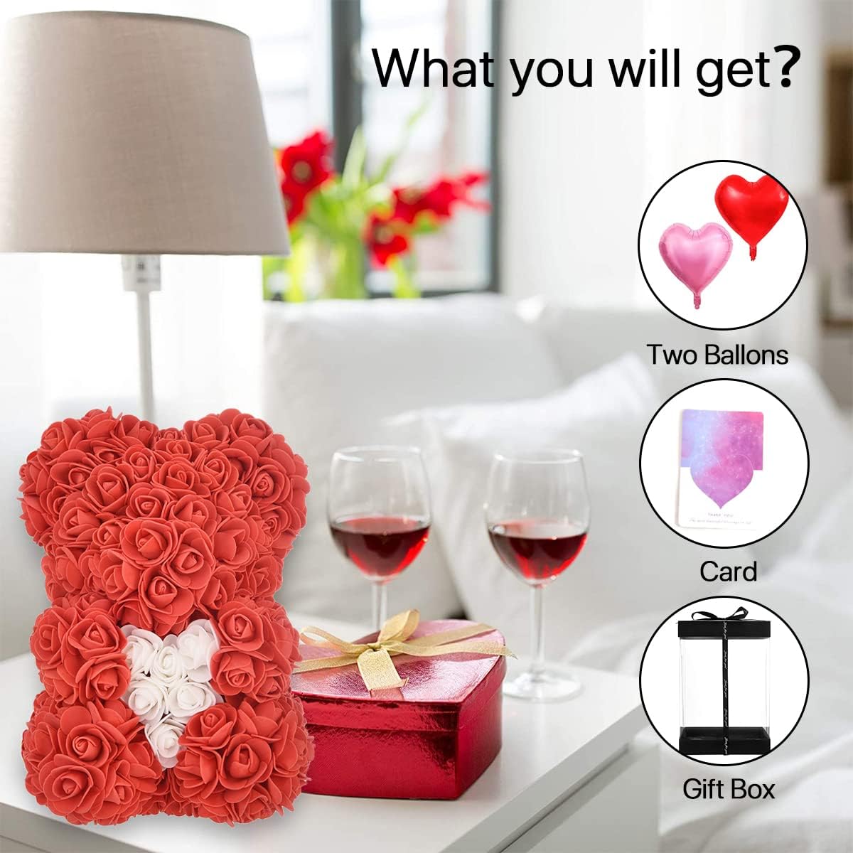 Flower Rose Bear Gifts for Mom Grandma on Mothers Day from Daughter, Artificial Rose Teddy Bear with box and balloons Gifts for Valentines Day Birthday Anniversary Presents for Her Wife Sister (Red)
