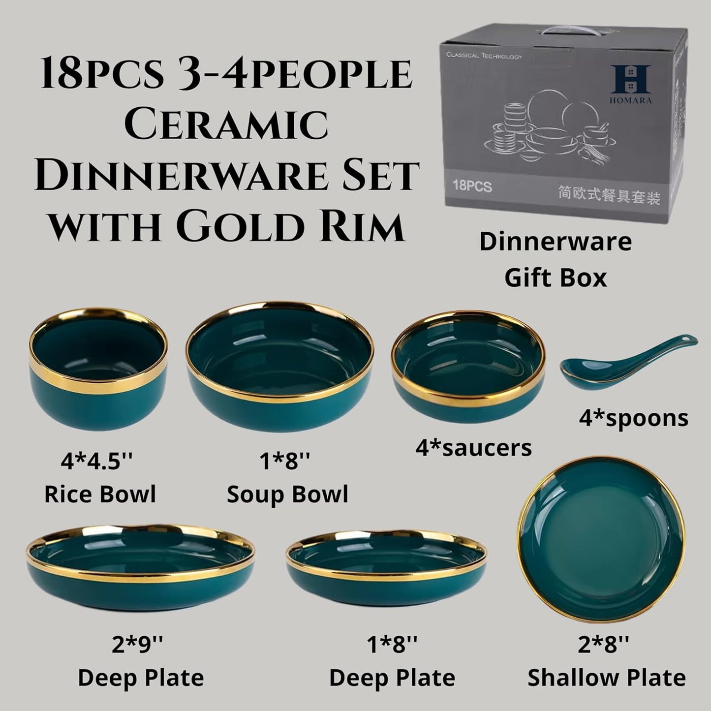 HOMARA - Green Dinner Set – 18-Piece Dinnerware Set for 4 with Gold Rim | Elegant, Durable, Microwave & Dishwasher Safe Plates, Bowls & Mugs for Home, Kitchen & Dining.