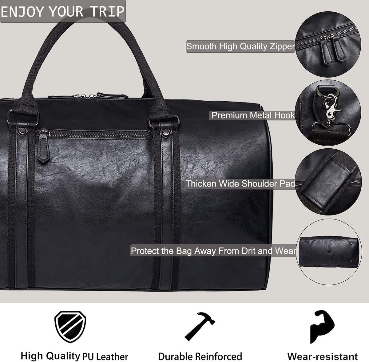 seyfocnia Oversized Duffle Travel Bag Waterproof Leather Wee