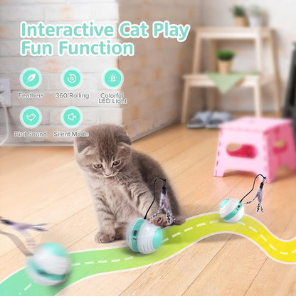 Interactive Cat Toys, 360 Degree Self Rotating Feather Robotic Cat Ball, USB Rechargeable Electric Kitten Toys with LED Lights and Funny Bird Sound for Indoor Cats/Pets