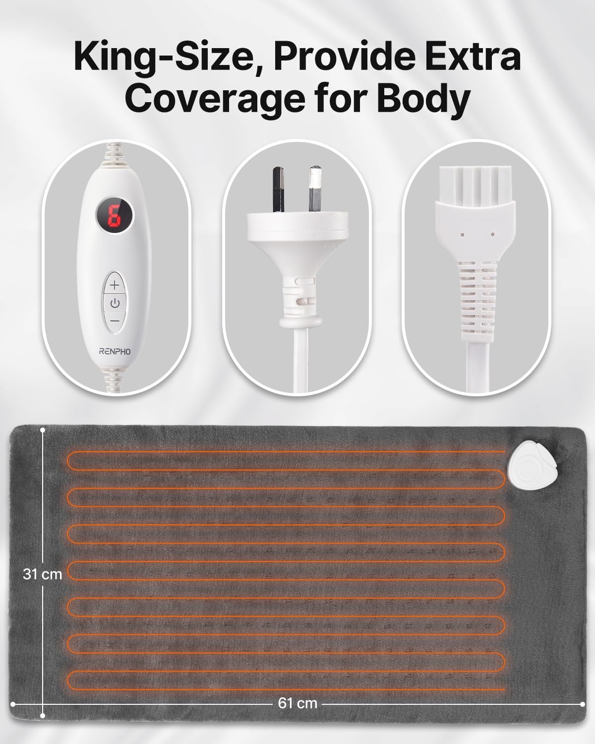 RENPHO Heating Pad, Electric Heat Pad for Back Pain and Cramps Relief, Mothers Day Gift, Birthday Gifts for Women Men, Fast Heated, Auto Shut Off, Machine Washable, Ultra-Soft 61x31cm Gray