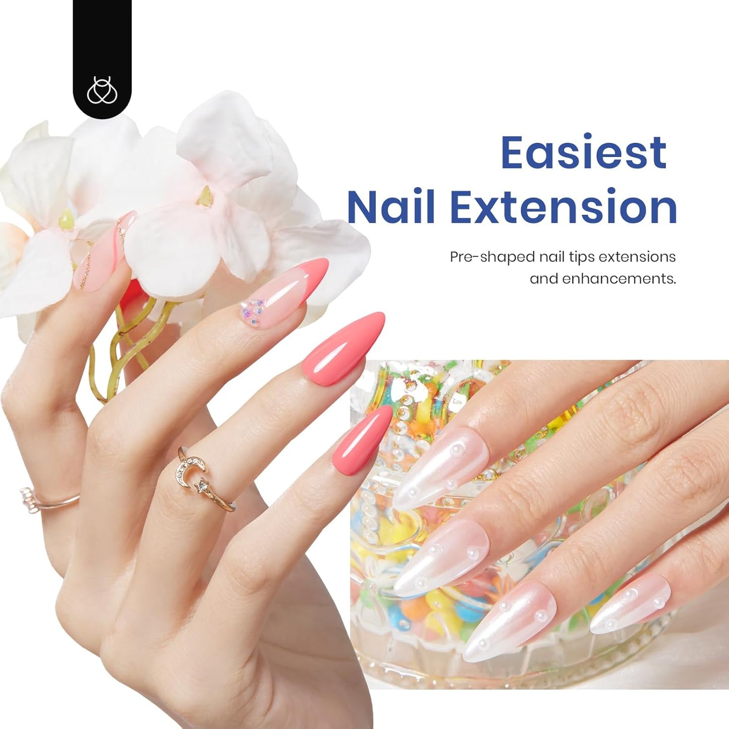Beetles Easy Gel Tips Nail Extension Kit, 2 In 1 Nail Glue Gel Base Coat with Pre-shaped Medium Almond Nails and UV LED Nail Lamp Acrylic Nail Clipper for DIY Manicure