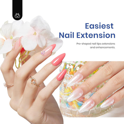 Beetles Easy Gel Tips Nail Extension Kit, 2 In 1 Nail Glue Gel Base Coat with Pre-shaped Medium Almond Nails and UV LED Nail Lamp Acrylic Nail Clipper for DIY Manicure