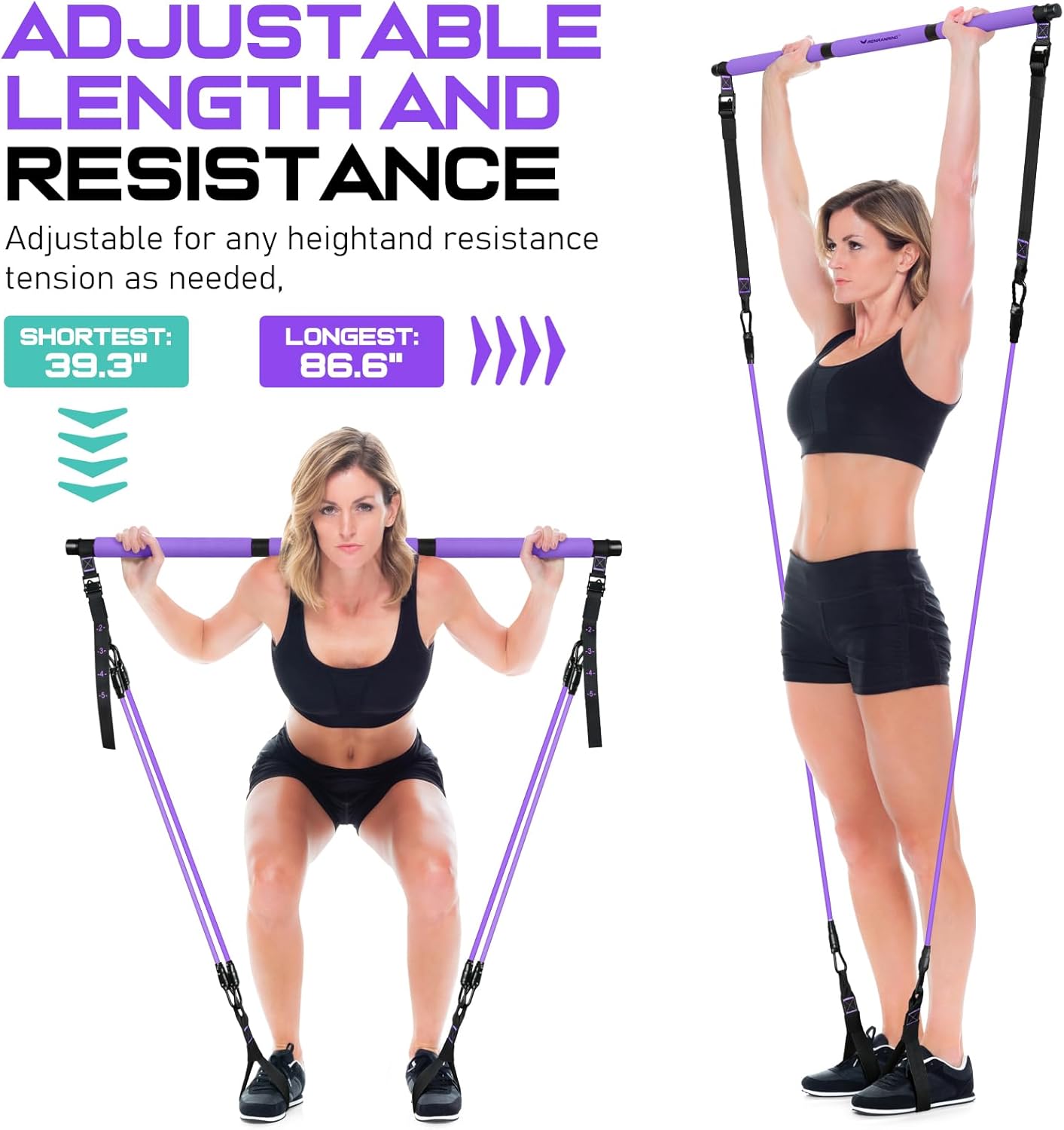 Pilates Bar Kit with Resistance Bands, Multifunctional Yoga Pilates Bar with Heavy-Duty Metal Adjustment Buckle for Women & Men, Home Gym Pilates Resistance Bar Kit forFull Body Workouts