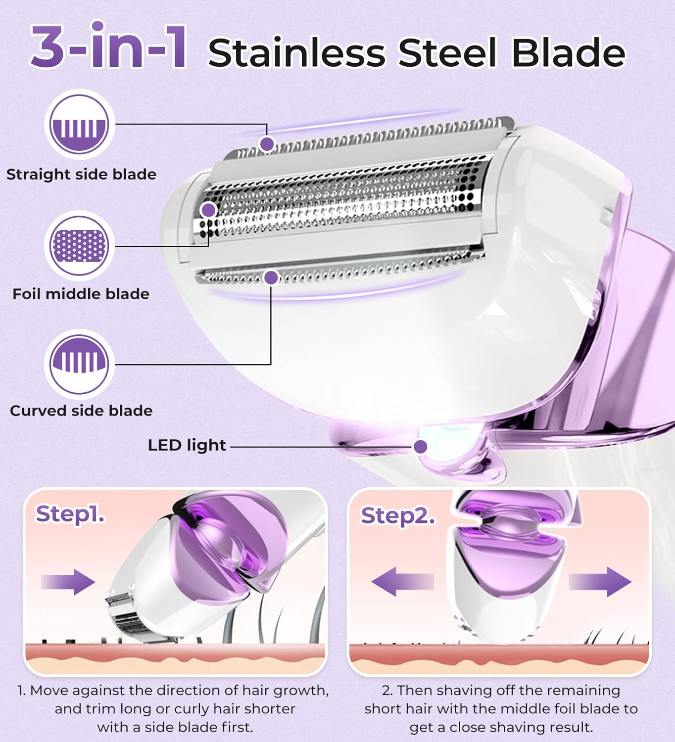 Women,Ladies Shaver,Lady Razor for Legs,Arm,Underarm,Bikini,USB Rechargeable Razor Wet&Dry Cordless for Woman by PRITECH