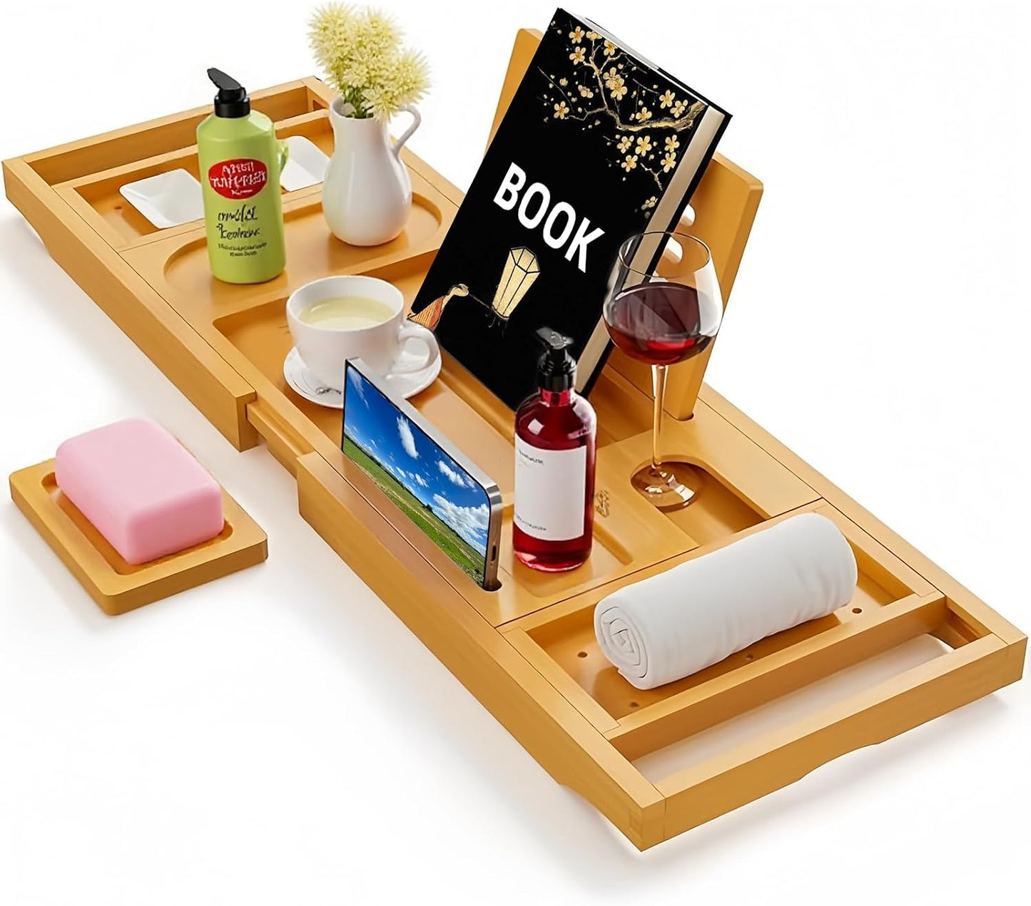 BathNook™ Bamboo Bath Reading Tray — Expandable Bathtub Caddy with Book, Tablet & Wine Holder 1