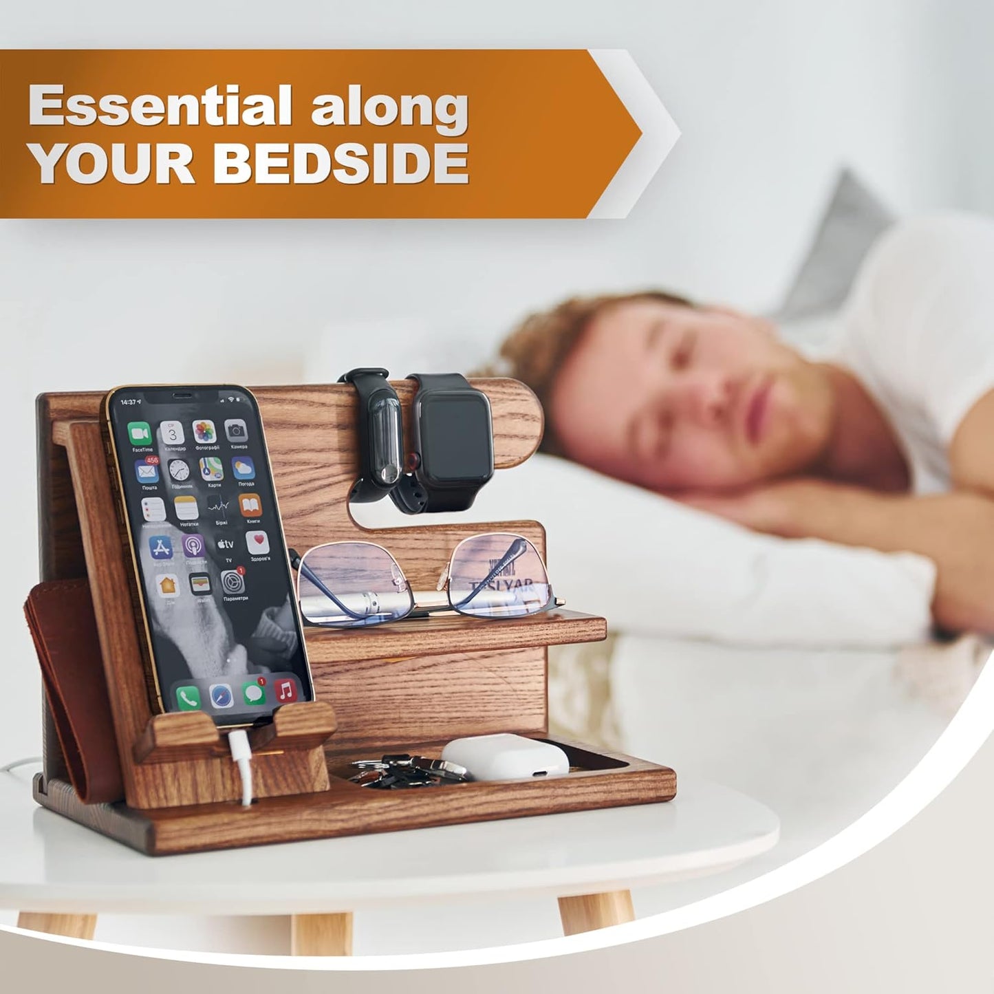 Wood Phone Docking Station - Nightstand Organizer - Desk Organizer for Husband - Gifts for Men, Dad - Idea for Anniversary from Wife - Key Holder - Stand Wallet & Watch (Beige)