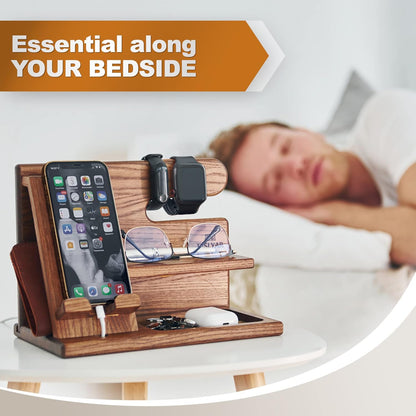 Wood Phone Docking Station - Nightstand Organizer - Desk Organizer for Husband - Gifts for Men, Dad - Idea for Anniversary from Wife - Key Holder - Stand Wallet & Watch (Beige)