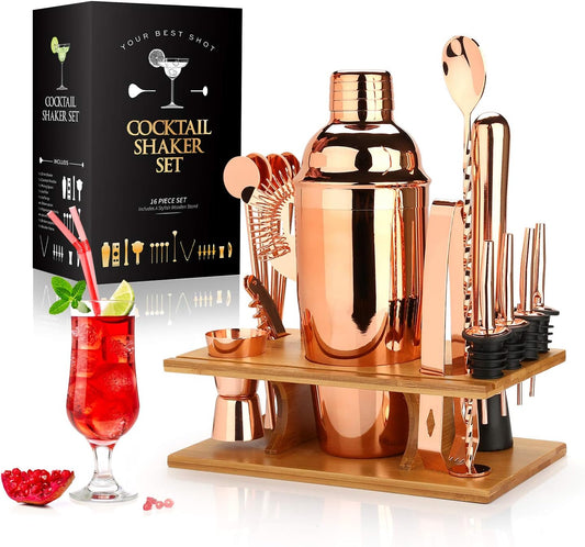 Cocktail Shaker Making Set: 16pcs Bartender Kit with Eco Bam