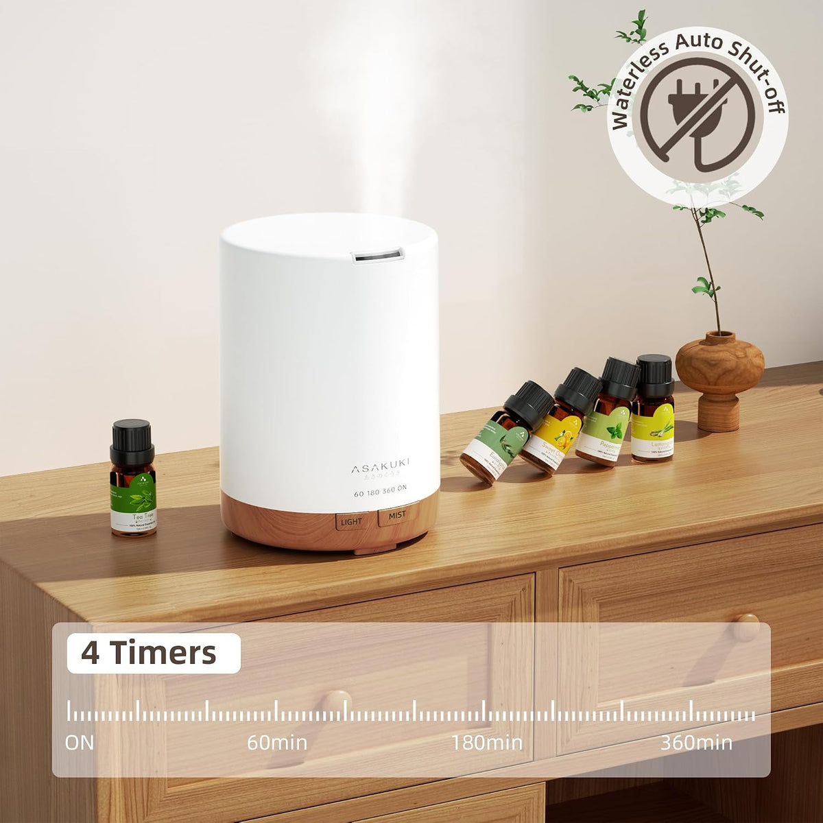 ASAKUKI 300ml Aromatherapy Oil Diffuser with 6Pcs*10ml Pure 