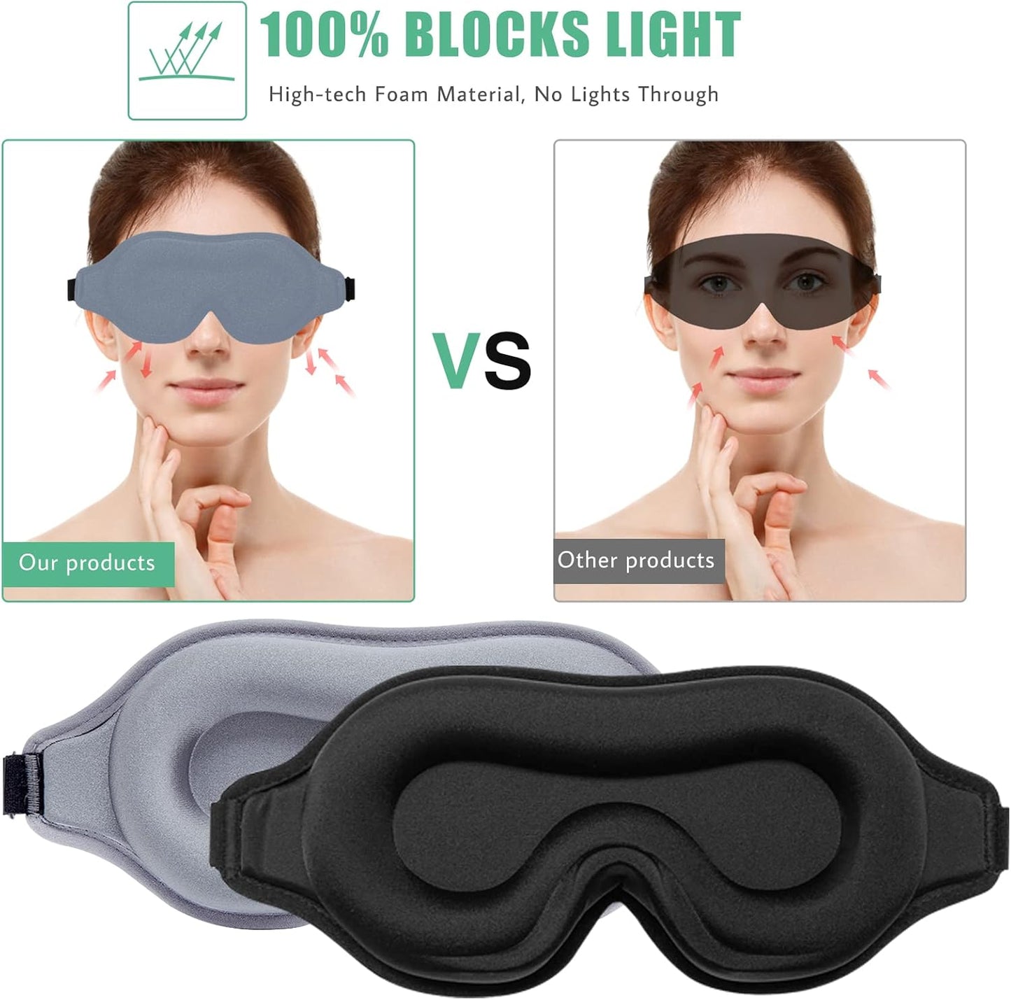 Sleep Mask for Men & Women, 2 Pack 3D Contoured Eye Mask for Sleeping with Adjustable Strap, BeeVines Molded Night Eye Sleep Mask Blindfold, Soft Breathable Eye Shade Cover for Travel Yoga Nap
