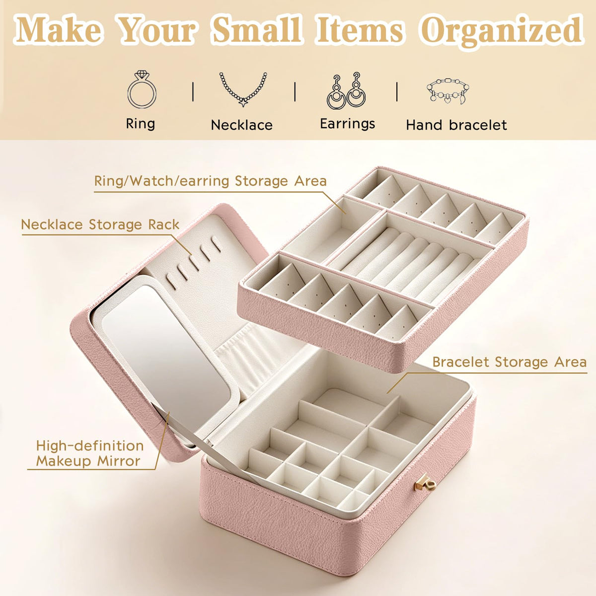2-Layer LED Jewellery Box with Dimmable Mirror — Necklace Hanging Rail, Velvet-Lined Travel Organiser — image 23