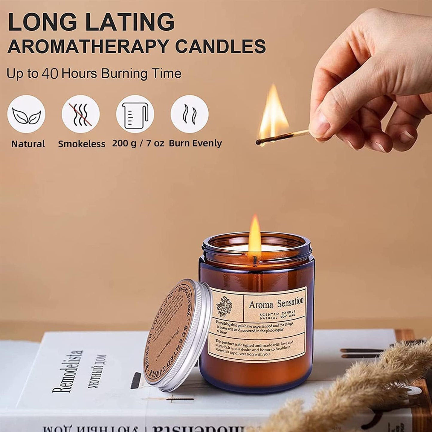 Scented Candles, Highly Scented, Natural Wax, 40 Hours Long Burning, Aromatherapy Candles with Aesthetic Amber Glass, Clean Delicate Fruity Scent for Calming & Stress Relief(Lavender Eucalyptus)