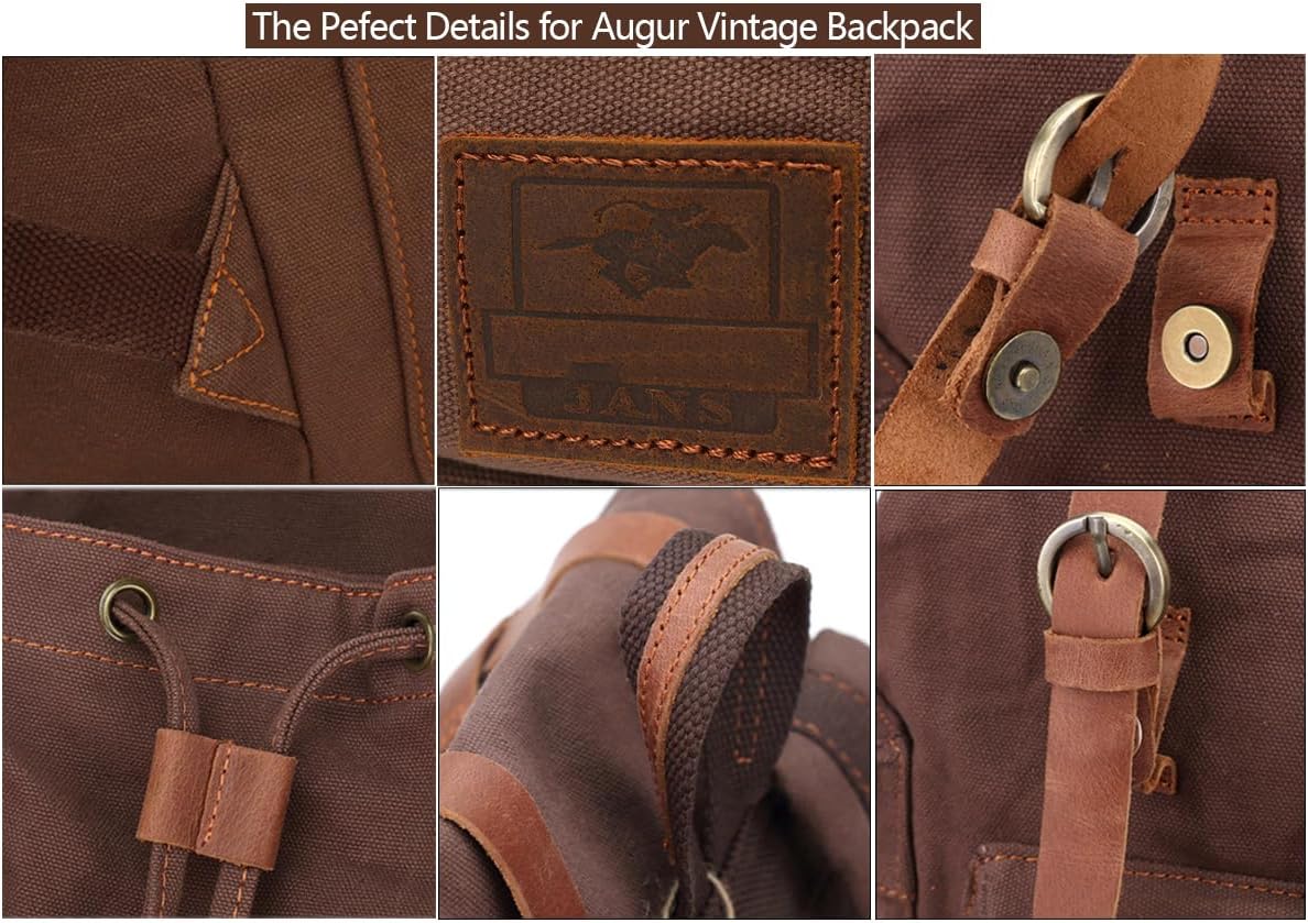 AUGUR Vintage Canvas Leather Backpack Large Laptop Rucksack 