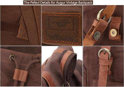 AUGUR Vintage Canvas Leather Backpack Large Laptop Rucksack 