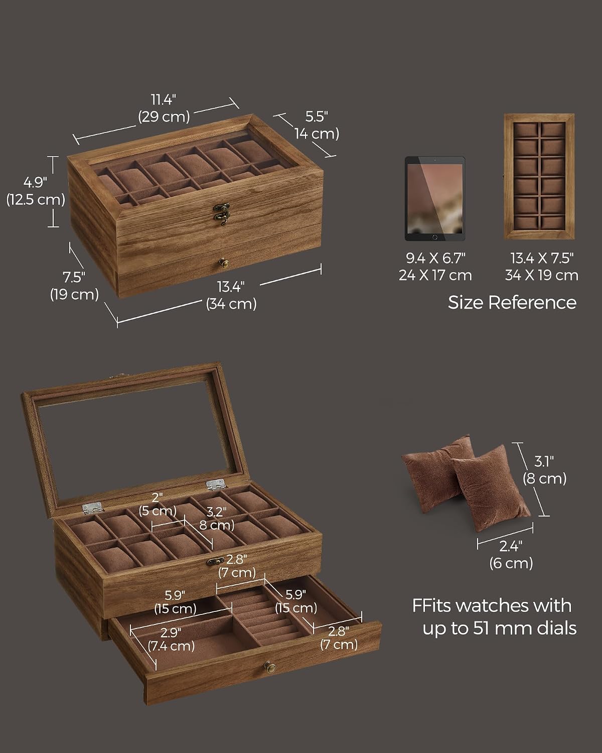 SONGMICS Wooden Watch Box with 12 Slots