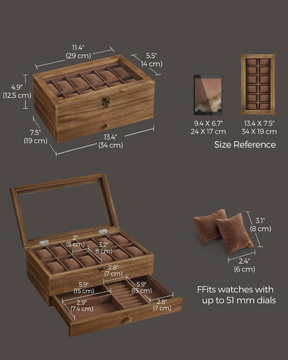 SONGMICS Wooden Watch Box with 12 Slots