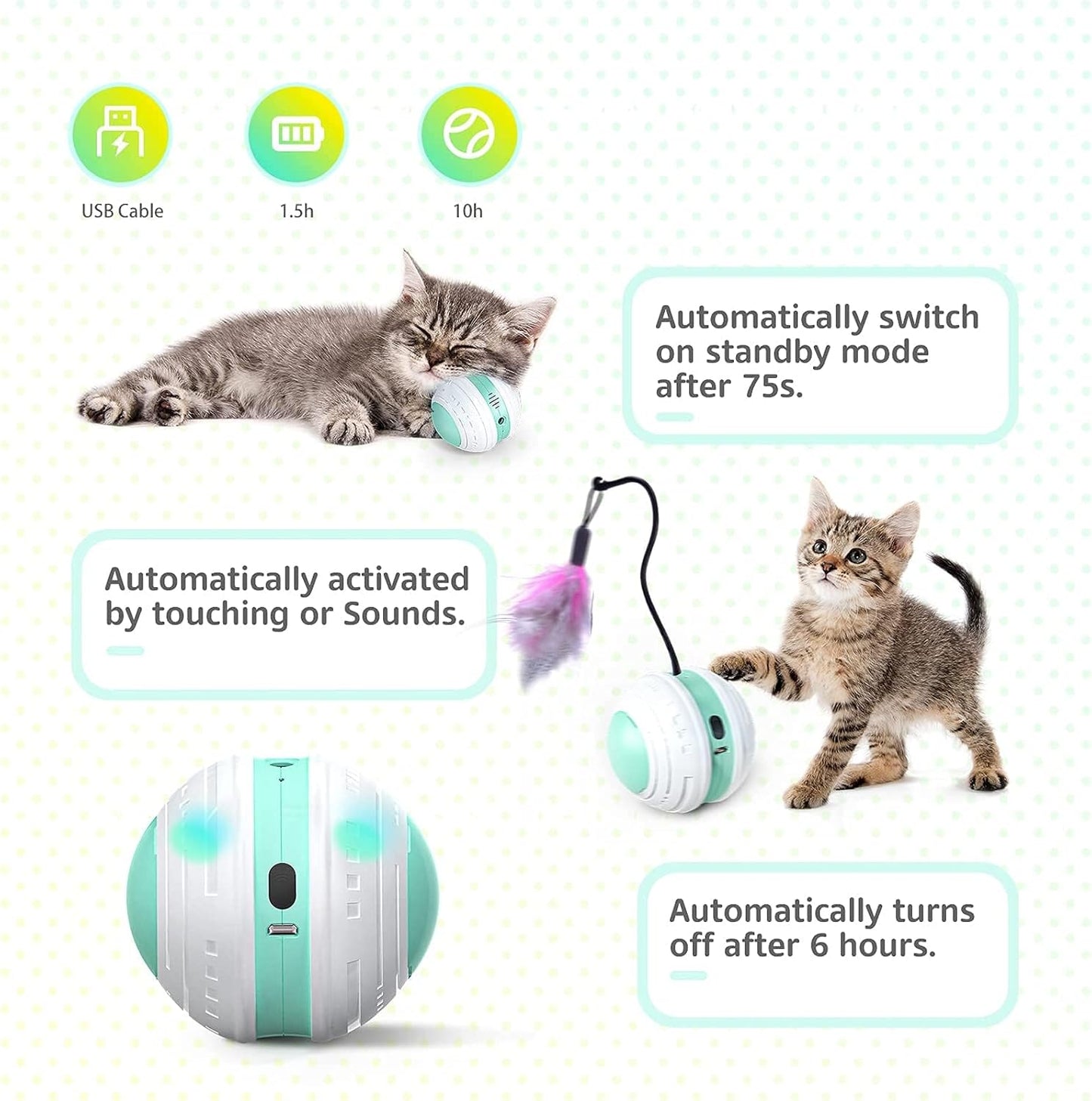 Interactive Cat Toys, 360 Degree Self Rotating Feather Robotic Cat Ball, USB Rechargeable Electric Kitten Toys with LED Lights and Funny Bird Sound for Indoor Cats/Pets