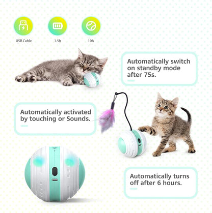 Interactive Cat Toys, 360 Degree Self Rotating Feather Robotic Cat Ball, USB Rechargeable Electric Kitten Toys with LED Lights and Funny Bird Sound for Indoor Cats/Pets