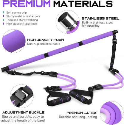 Pilates Bar Kit with Resistance Bands, Multifunctional Yoga Pilates Bar with Heavy-Duty Metal Adjustment Buckle for Women & Men, Home Gym Pilates Resistance Bar Kit forFull Body Workouts