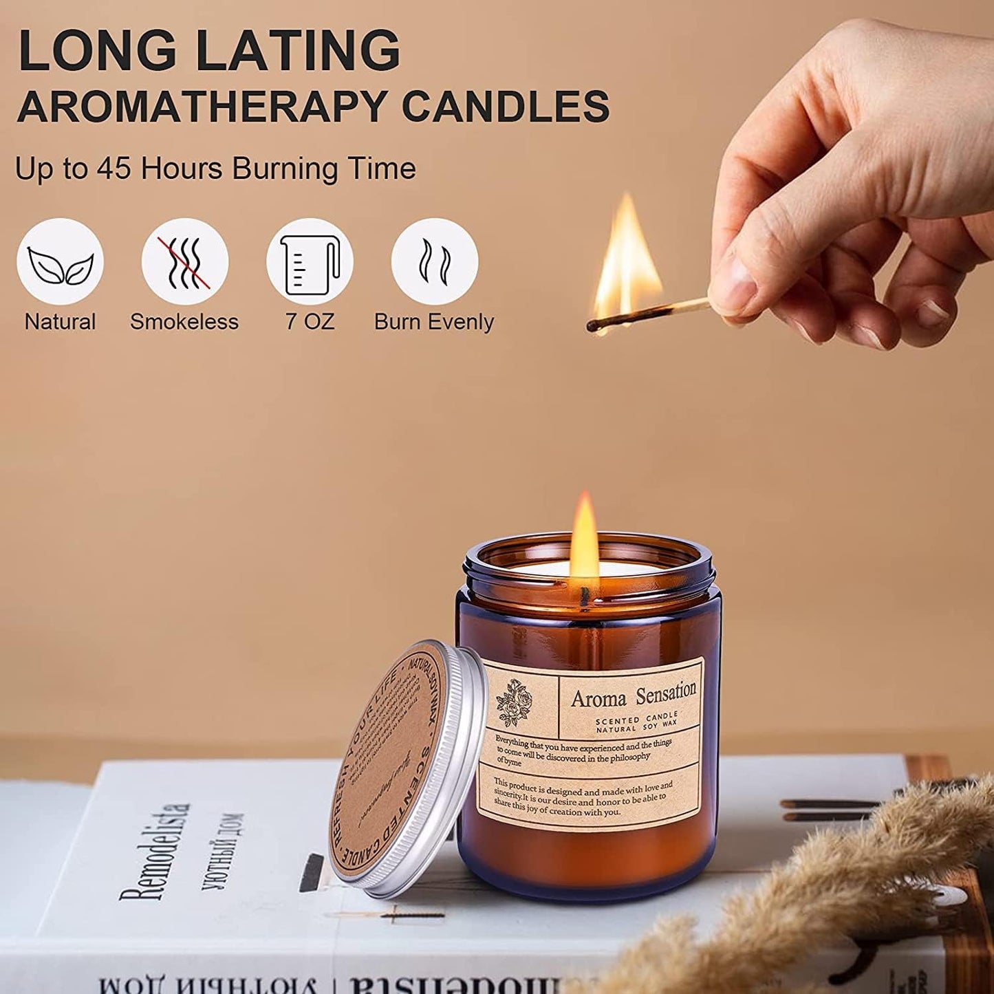 Scented Candles, Highly Scented, Natural Wax, 40 Hours Long Burning, Aromatherapy Candles with Aesthetic Amber Glass, Clean Delicate Fruity Scent for Calming & Stress Relief(Lavender Eucalyptus)