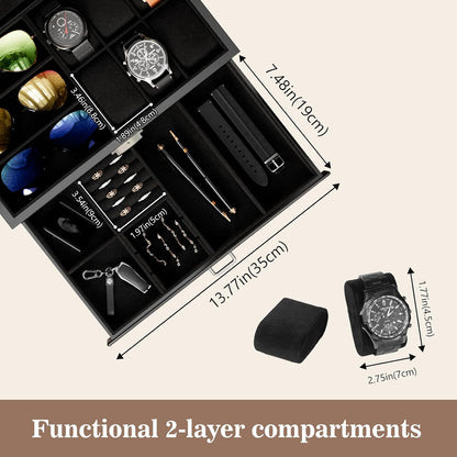 Lacquered Finish Wooden Men's Jewelry Box, Watch and Sunglasses Box Organizer for Men, 2-Tier Watch Holder Display Cases with Clear Glass Top and Storage Drawer