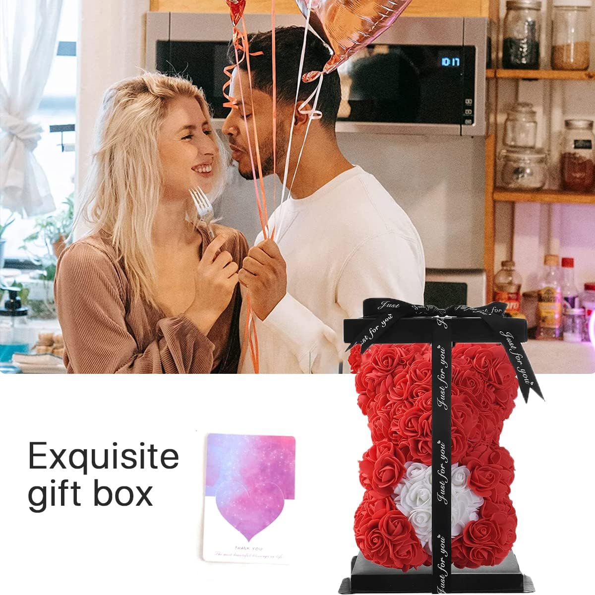 Flower Rose Bear Gifts for Mom Grandma on Mothers Day from Daughter, Artificial Rose Teddy Bear with box and balloons Gifts for Valentines Day Birthday Anniversary Presents for Her Wife Sister (Red)