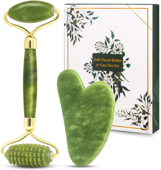 Jade Roller Gift Set, Natural Green Face Roller and Gua Sha Stone Set, Face Massager Jade Stone Facial Roller for Eye Puffiness, Skin Tightening, Rejuvenation of The Face and Neck (dark green)