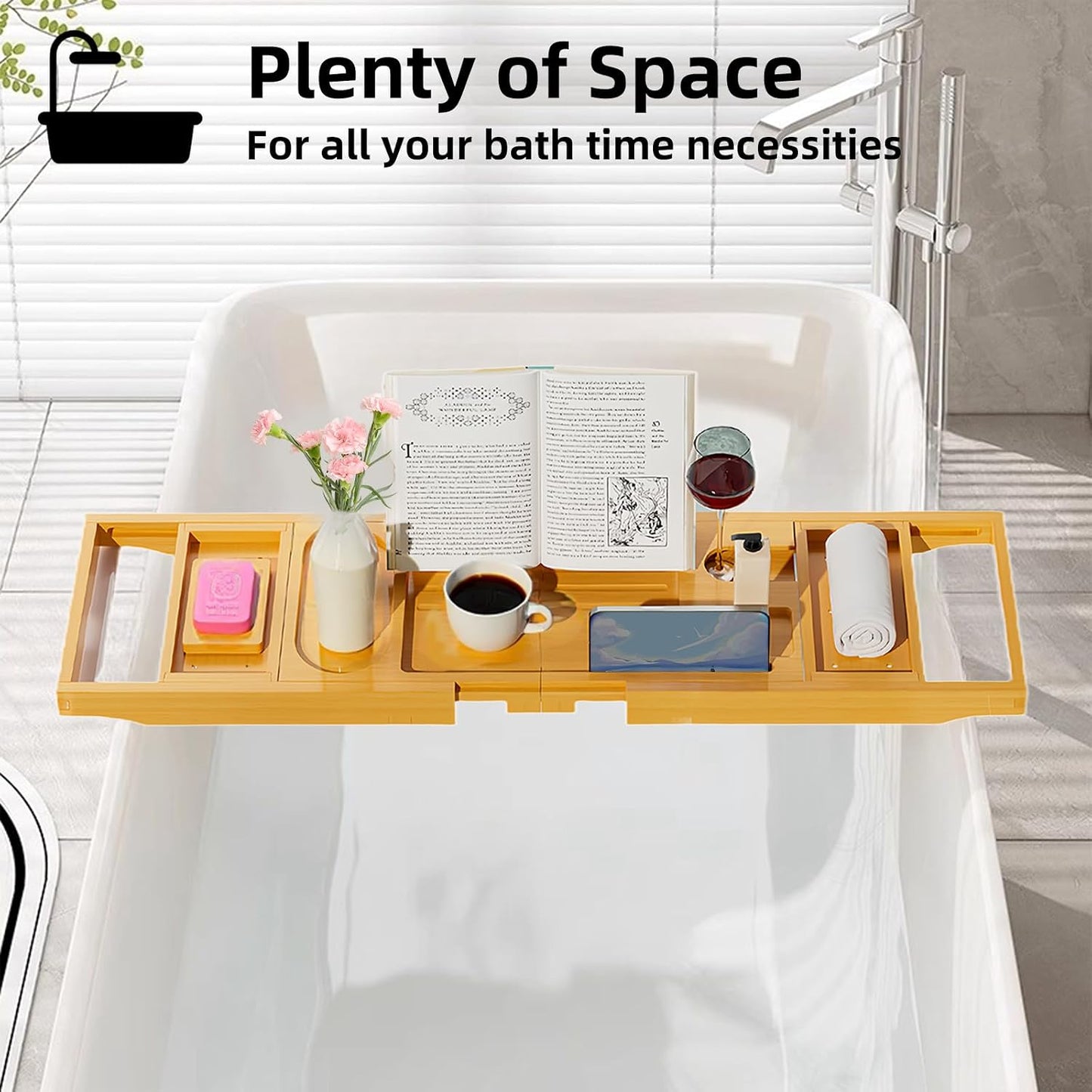 BathNook™ Bamboo Bath Reading Tray — Expandable Bathtub Caddy with Book, Tablet & Wine Holder 4