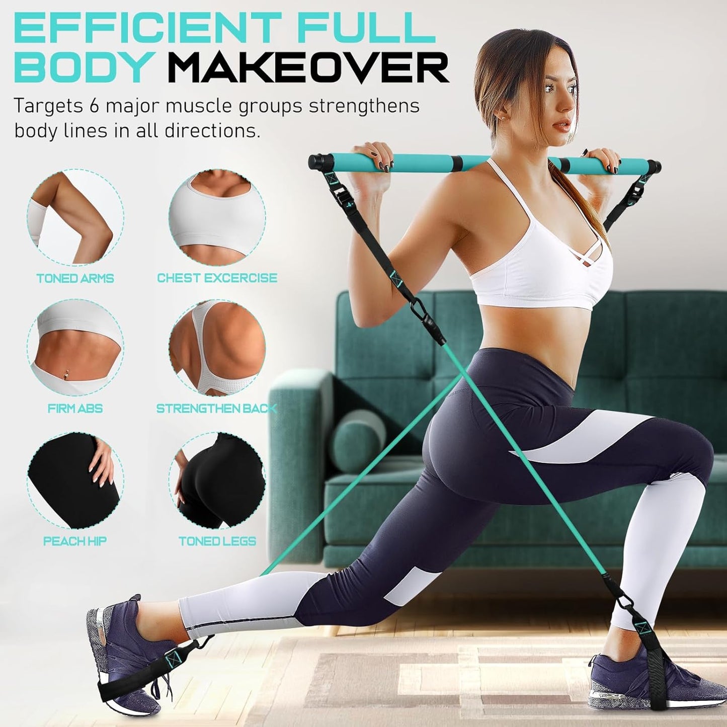 Pilates Bar Kit with Resistance Bands, Multifunctional Yoga Pilates Bar with Heavy-Duty Metal Adjustment Buckle for Women & Men, Home Gym Pilates Resistance Bar Kit forFull Body Workouts