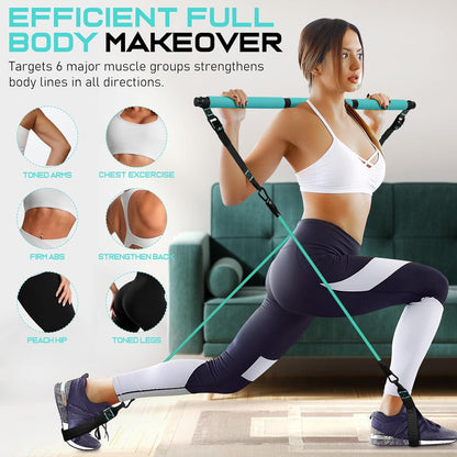 Pilates Bar Kit with Resistance Bands, Multifunctional Yoga Pilates Bar with Heavy-Duty Metal Adjustment Buckle for Women & Men, Home Gym Pilates Resistance Bar Kit forFull Body Workouts