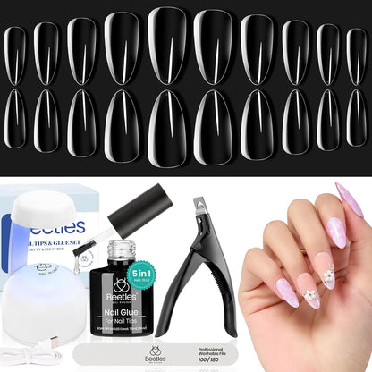 Beetles Easy Gel Tips Nail Extension Kit, 2 In 1 Nail Glue Gel Base Coat with Pre-shaped Medium Almond Nails and UV LED Nail Lamp Acrylic Nail Clipper for DIY Manicure