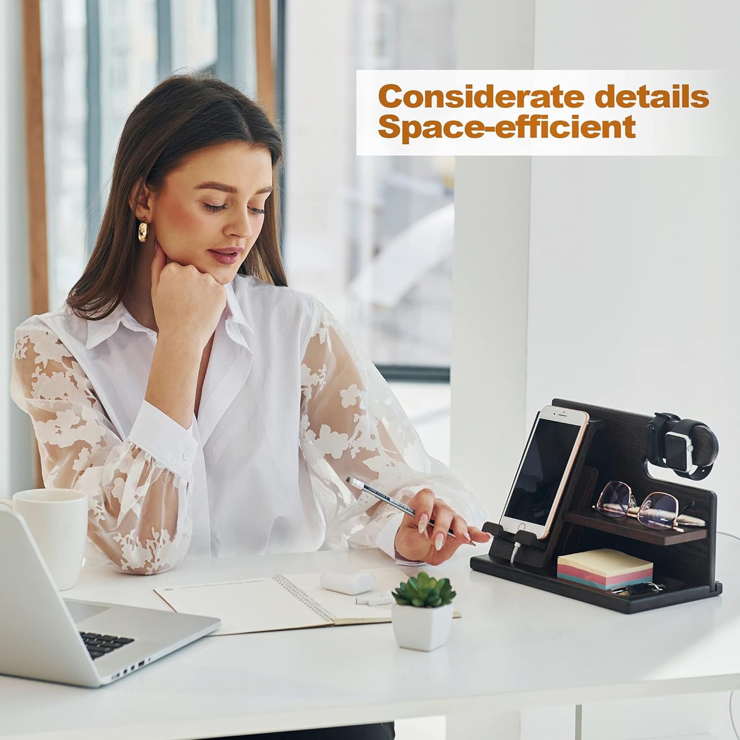 Wood Phone Docking Station - Nightstand Organizer - Desk Organizer for Husband - Gifts for Men, Dad - Idea for Anniversary from Wife - Key Holder - Stand Wallet & Watch (Beige)