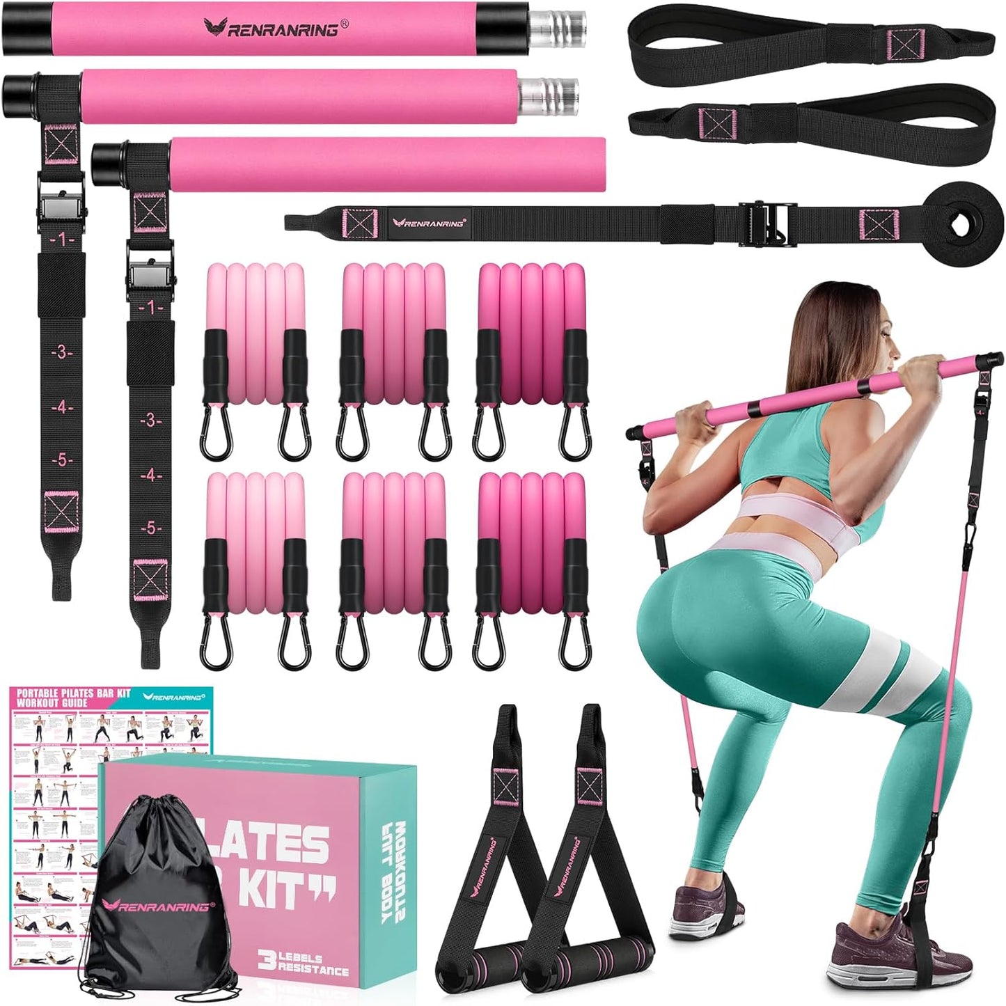 Pilates Bar Kit with Resistance Bands, Multifunctional Yoga Pilates Bar with Heavy-Duty Metal Adjustment Buckle for Women & Men, Home Gym Pilates Resistance Bar Kit forFull Body Workouts